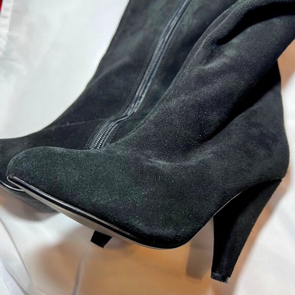 Hot In Hollywood-Black Leather Over Knee 4" Heels-Cheetah Print Inside-Ruffle-6M - Picture 12 of 16